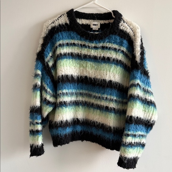 Obey Sweaters - Obey Women's Fuzzy Striped Sweater - Black, Blue, Green, White